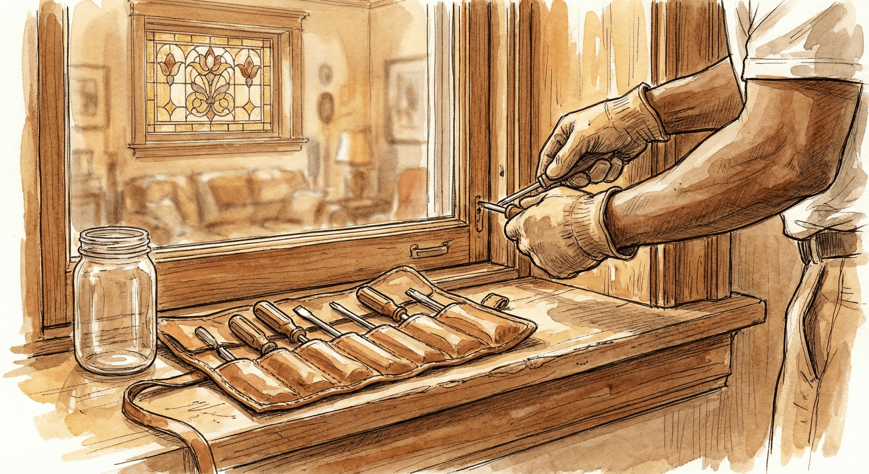 Handyman repairing a window in a classic Chicago home