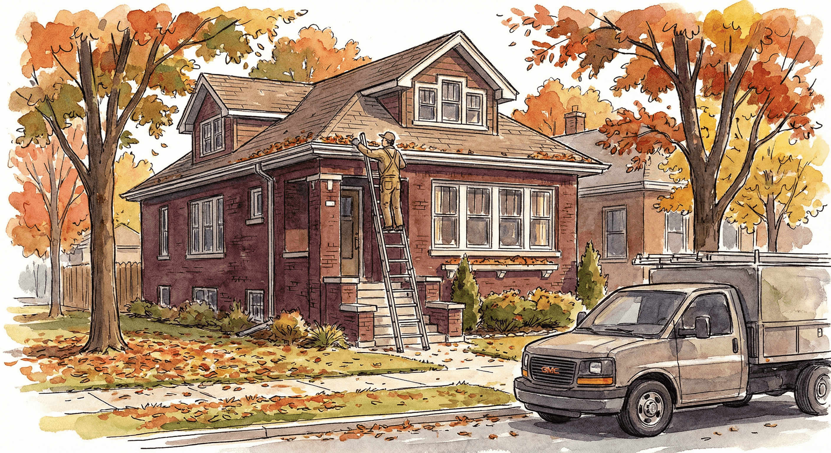 Professional cleaning gutters on a South Side bungalow in autumn