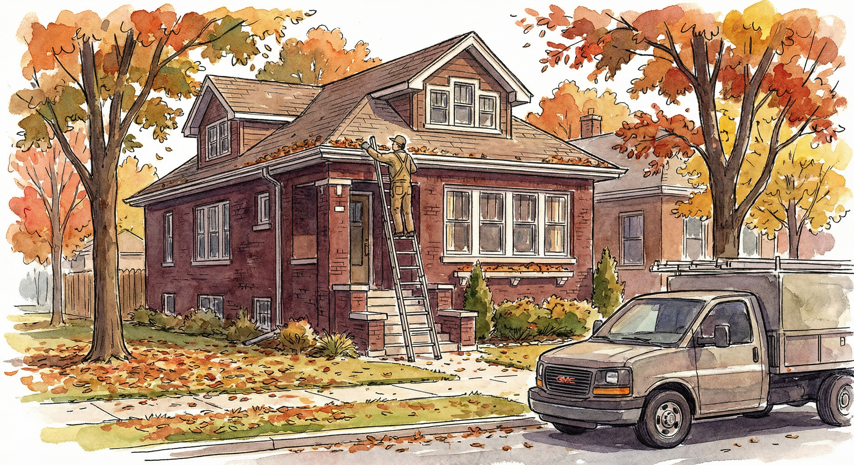 Professional cleaning gutters on a South Side bungalow in autumn