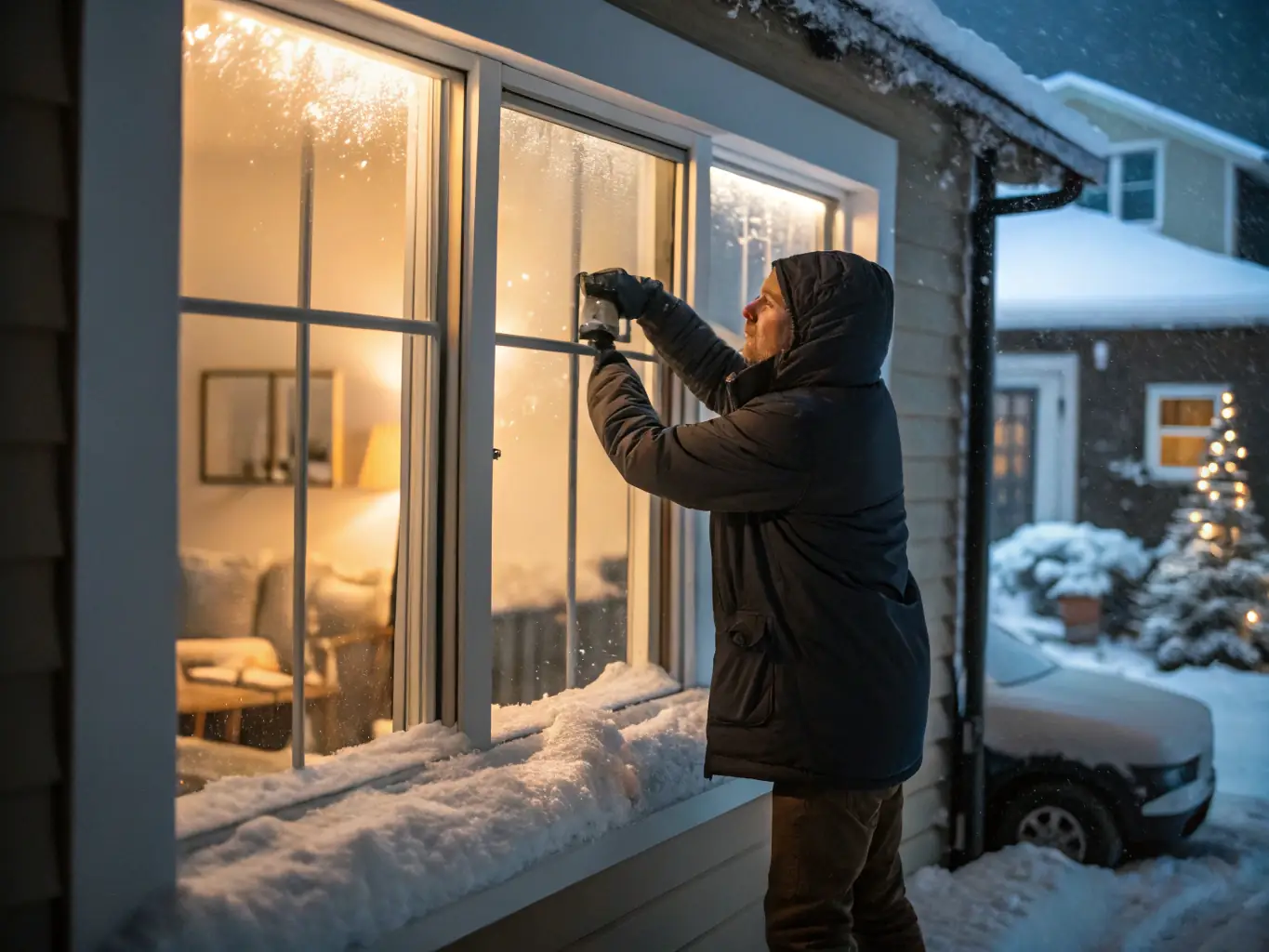 A technician sealing a window with weatherproofing tape in a residential Chicago home during winter, showcasing Southside Home Services' winterization expertise.