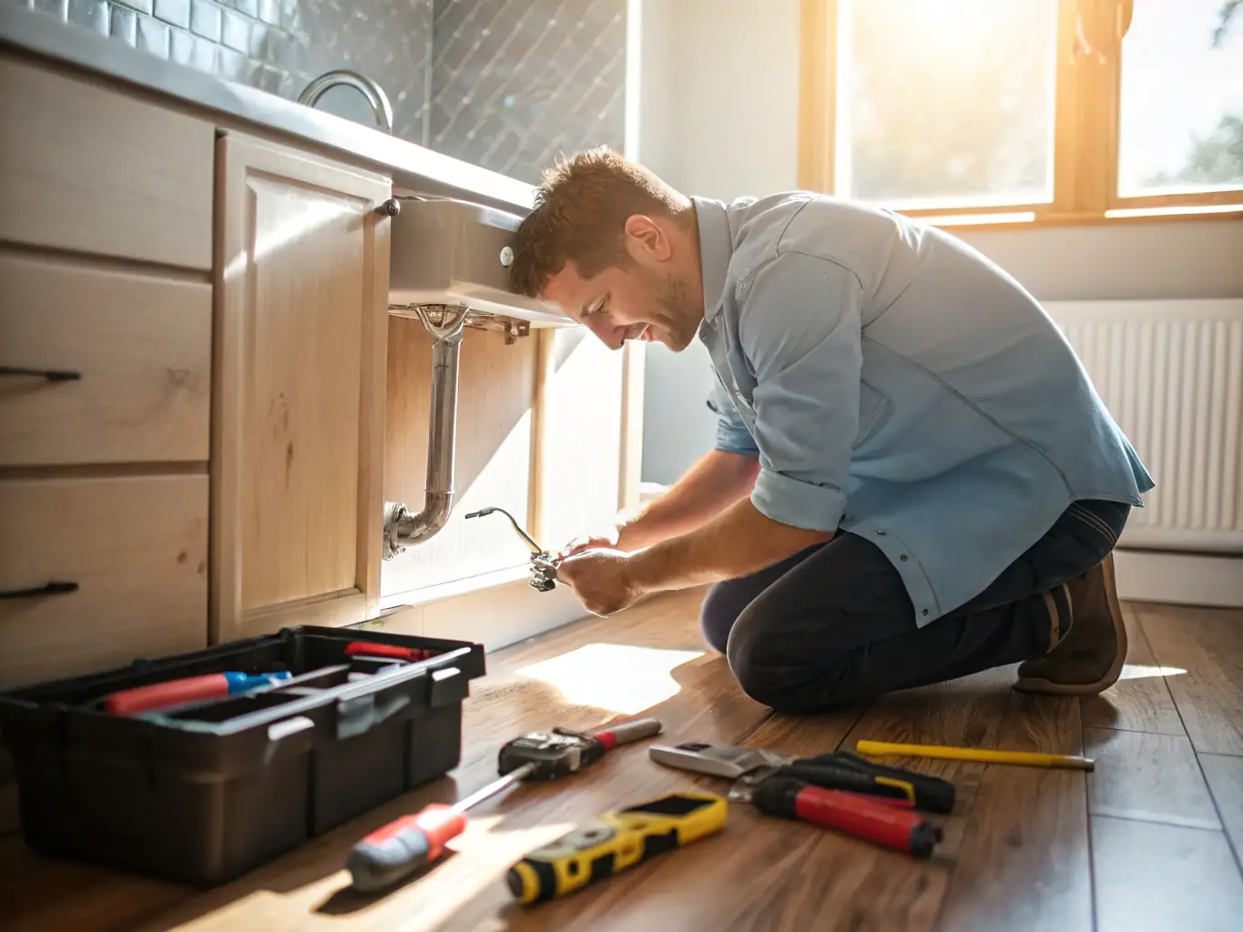 A handyman fixing a leaky kitchen faucet in a Chicago home, demonstrating Southside Home Services' handyman assistance.