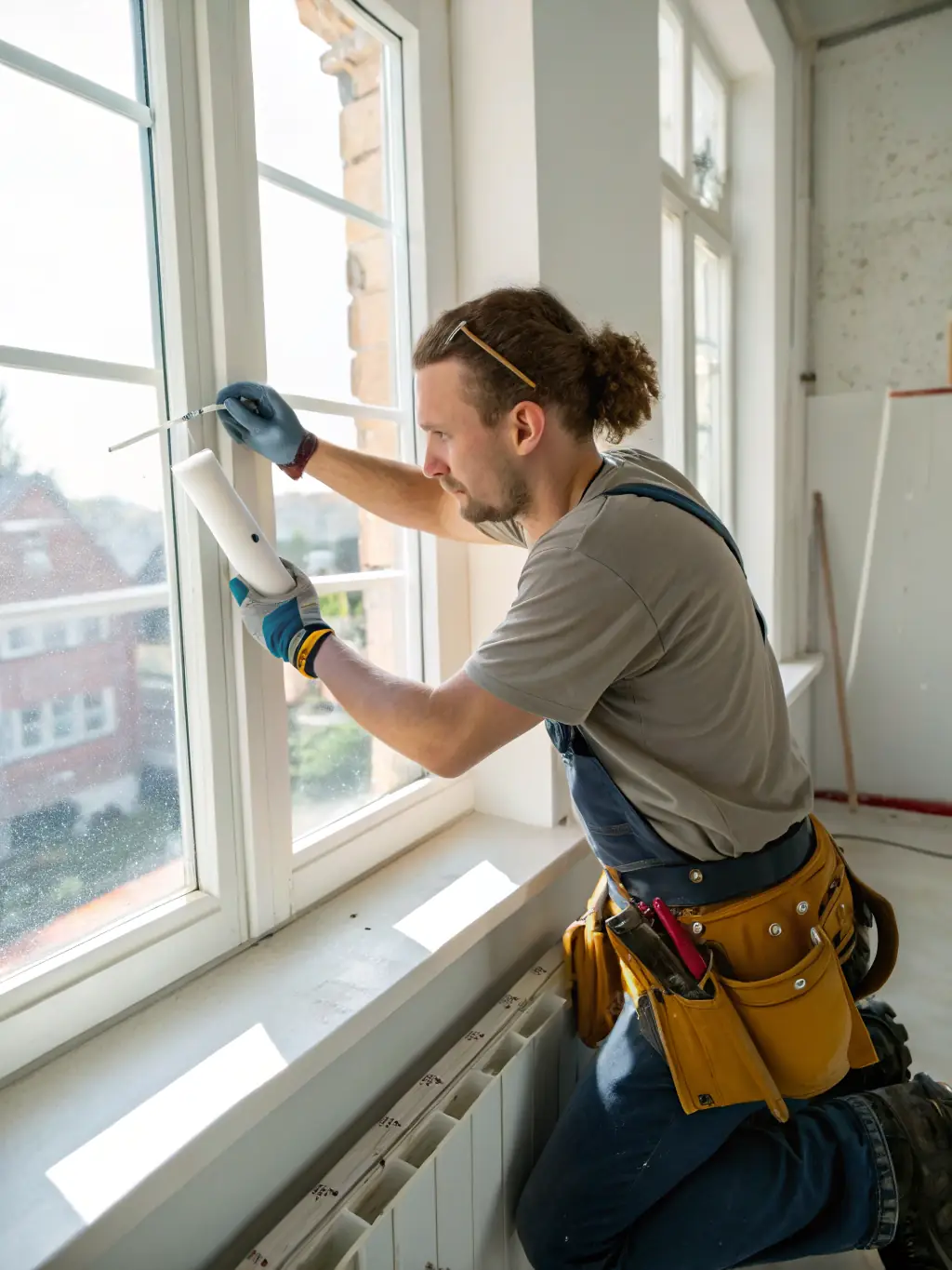 A professional applying sealant around a window frame to prevent drafts, showcasing Southside Home Services' weatherization expertise.